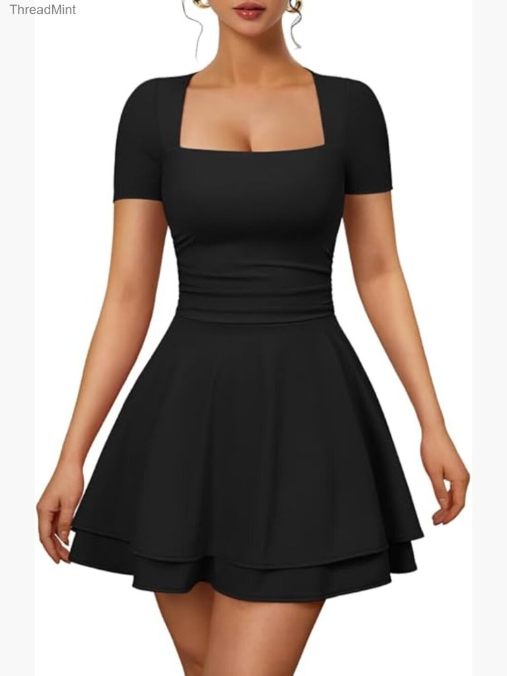 Sexy Square Neck Ruched Waist Tiered Ruffle Hem Mini Dress